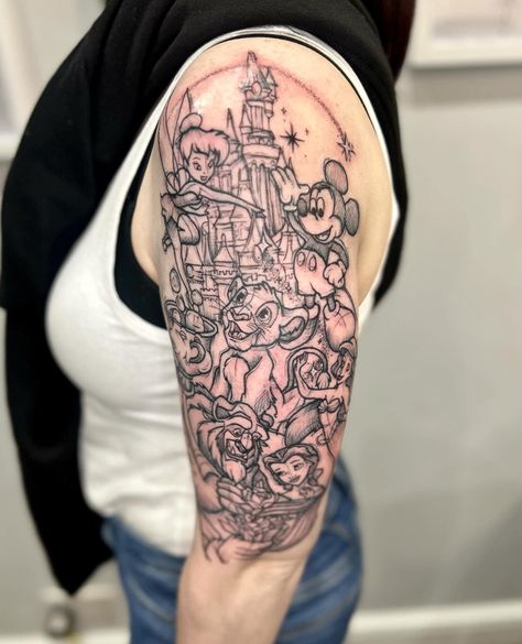 Disney Tattoos Sleeve, Disney Sleeve Tattoos, Tattoo Black And White, Disney Sleeve, Tattoos Sleeve, Tattoo Black, Disney Tattoos, Sleeve Tattoo, Black Tattoos