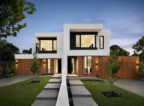 Single & Double House Storey Facades Melbourne | Modern Duplex Facade Dual Occupancy, Double House, Townhouse Exterior, Duplex Design, Townhouse Designs, Duplex House Plans, Narrow House, Modern House Facades, Duplex House Design