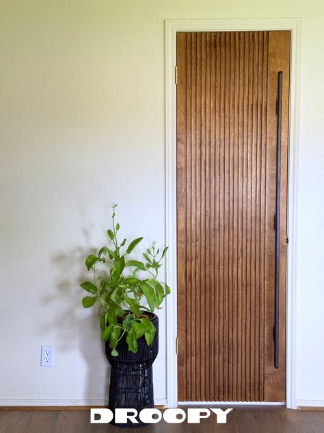 "It's a very nice looking interior door. The Droopy Slatted Door is an art deco, mid century styled door that comes in a small spectrum of colors and will complement many personal home styles. You don't have to be into the MCM thing to appreciate this door. One face of the door has the Slatted design while the other is plain and flat. Only one face of the door has the Slatted design. One side of the door has a slat width that is appropriate for mounting door hinges and accommodating the screws t Midcentury Doors Interior, Interior Doors Mid Century Modern, Midcentury Closet Doors, Midcentury Pantry Door, Interior Door Styles Modern Wood, 1950s Interior Doors, Modern Home Interior Doors, Mcm Closet Doors, Organic Modern Interior Doors