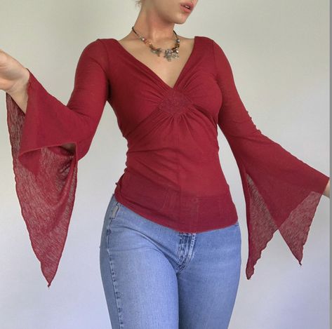 2000s Artsy Fashion, Red Bell Sleeve Top, Fairy Clothes, Causal Outfits, 2000s Vintage, Late 90s, Red Maroon, Blood Red, Bell Sleeve Blouse