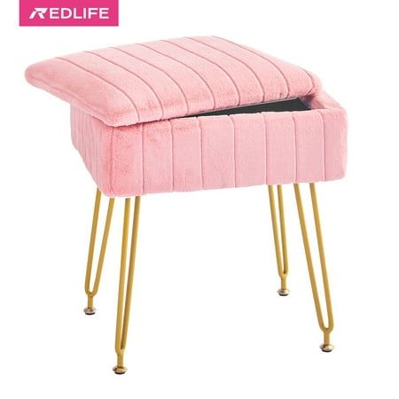 Redlife Vanity Chair Sturdy & Durable Vanity Stool This vanity chair with storage consists of a sturdy forged metal legs and thick wood board, which can hold up to 220 pounds and can be used for many years. Four adjustable feet protect your floor. Soft & Comfortable Faux Fur Stool Skin-friendly touch like clouds of faux fur covered with high-density foam seat provides comfortable support, very soft and comfortable, even for long time sitting make-up will not feel tired. Stylish Design & Storage Pink Stools Bedroom, Makeup Stool Target, Hot Pink Vanity Chair, Pink Vanity Stool, Pink Storage Stool, Faux Fur Stool, Small Dresser, Storage Chair, Vanity Chair