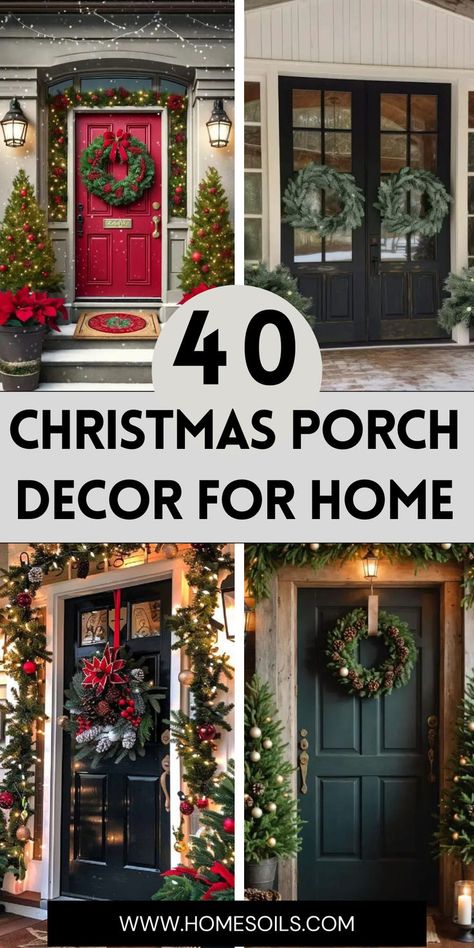 Deck your home with 40 Christmas porch decorations that spread festive cheer and warmth! From elegant wreaths to cozy lighting, visit our site for all the inspiring ideas! 🎄🏡✨ Christmas Porch Decor Ideas, Front Door Christmas Decorations, Front Porch Christmas Decor Ideas, Porch Christmas Decor Ideas, Porch Christmas Decor, Front Porch Christmas, Christmas Decor Ideas Diy, Christmas Front Porch, Christmas Front Doors