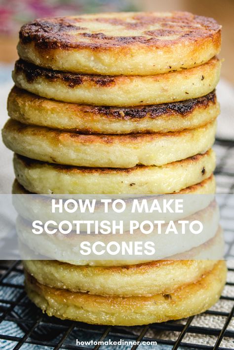 These Scottish tattie scones are also sometimes called a "griddle scone." As far as I know they're always savoury. They're great for breakfast with eggs, or as a side dish for pretty much any dinner. Give this basic traditional tattie scones recipe a try next time you have leftover mashed potatoes to use up! #tattiescones #potatoscones #scottishpotatoscones Potato Scones, Tattie Scones, Scottish Breakfast, Scottish Dishes, Irish Cuisine, Best Mashed Potatoes, Scottish Recipes, Leftover Mashed Potatoes, Scones Recipe