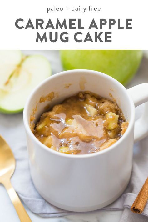 This paleo caramel apple microwave cake is indescribably good, with a moist cinnamon-spiced cake, tender green apples, and a 2-minute caramel sauce to top it all. I bet you\'ll make this paleo caramel apple microwave cake all the time, since it only take a few minutes to stir together and two minutes in the microwave to cook! This paleo caramel apple microwave cake is the perfect paleo microwave dessert. I'm obsessed! #healthydesserts #sugarfree Apple Mug Cake, Gluten Free Caramel Apples, Paleo Caramel, Paleo Dessert Recipes Easy, Paleo Mug Cake, Paleo Dessert Recipes, Microwave Dessert, Caramel Apples Easy, Microwave Cake