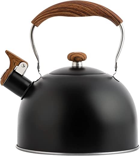 Whistling Tea Kettles with Wood Grain adjustment Nylon Handle, 2.6 Quart/2.5 Liter Capacity with Capsule Base Tea Kettle, Black Black Kettle, Tea Kettle, Tea Pot, Wooden Handles, Stove, Handles, Tea, Stainless Steel, Water