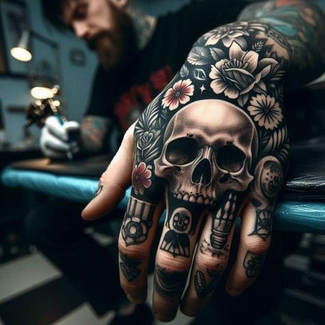 Western Skull Hand Tattoo, Skulls Hand Tattoo, Hand Tattoo American Traditional, Tattoo Skull Design, Stitches Tattoo, Skull Finger Tattoos, Kurt Tattoo, Arm Cover Up Tattoos, Portrait Tattoo Sleeve