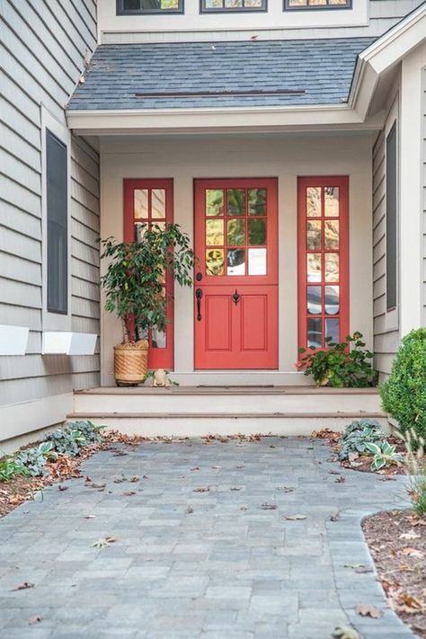 Gray House Orange Door, Front Door Coral, Dishy Coral Front Door, Coral Front Door Gray House, Coral Color Front Door, Best Red Paint For Front Door, Salmon Colored Front Door, Coral Front Door Colors Sherwin Williams, Cavern Clay Front Door