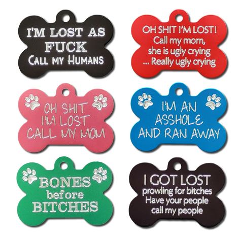 Based in Canada Double Sided Engraving - Select the funny saying you want on the front of your tag and get your contact information engraved on the back at no additional cost (view character limits in the listing picture titled "Tag Sizes & Engraving Limits") Dog Tag Sayings, Funny Dog Tags, Cricut Projects Easy, Animal Ideas, Custom Dog Tags, Call My Mom, Dog Id Tags, Id Tags, Dog Id