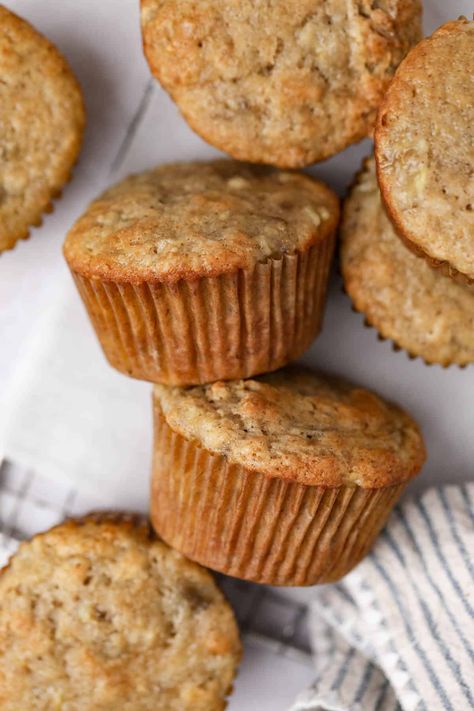 Sour Cream Banana Muffins are a moist and tender. They use basic ingredients, including just 2 bananas, and are ready in 35 minutes. Sour Cream Banana Muffins, Cinnamon Roll Coffee Cake, Cinnamon Roll Coffee, Sour Cream Muffins, Banana Oat Muffins, Double Chocolate Muffins, Banana Bread Muffins, Homemade Muffins, Banana Oats