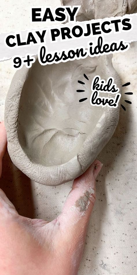 hand holding clay pinch pot with text overlay easy clay project 9+ lesson idea kids love. Easy Things To Make Out Of Clay For Beginners, Pinch Clay Ideas, Ceramic Class Ideas, Clay Crafts For Kids Easy Diy, Easy Clay Sculptures For Beginners, Clay Art For Kids Easy, Clay Projects For High School, Art Projects For Kids Christmas, Clay Pinch Pot Ideas