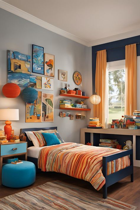 Colorful and whimsical boys bedroom with bold blue and orange accents, patterned bedding, shelving with toys and decor, and large window overlooking greenery. Blue And Orange Boys Room, Young Boy Bedroom Design, Orange Boys Bedroom, Boys Bedroom Orange, Orange Boys Rooms, Creative Bedroom Ideas, Boys Bedroom Ideas