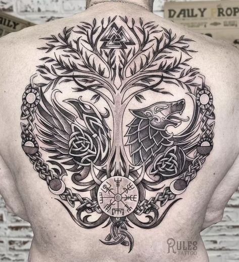 Yggdrasil Tattoo: A Great Tattoo for Those Who are Spiritual Nordic Tree Of Life Tattoo, Nordic Tree Of Life, Yggdrasil Tattoo, Viking Tattoos For Men, Nordic Tree, Fenrir Tattoo, Pagan Tattoo, Viking Tattoo Sleeve, Celtic Tattoo