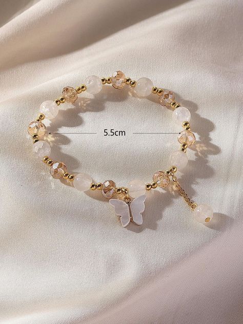 White Beaded Acrylic Butterfly Elastic Bracelet For Women, Clear Glass Beaded | eBay Cute Beaded Bracelets Diy, Clear Bracelet Ideas, Glass Beaded Bracelets Aesthetic, White Bead Bracelet Ideas, Knotted Bead Bracelet, Charm Bracelet Ideas Diy, Glass Beads Ideas, Beads Ideas Crafts, Glass Beaded Bracelets Diy