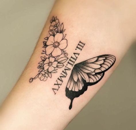 Memorial Tattoo Of Butterfly And Flowers Tattoo With Roman Numerals, Butterfly Memorial Tattoo, Tattoos For Passed Loved Ones, Date Flowers, Memorial Tattoos Mom, Dad Memorial Tattoo, Baby Memorial Tattoos, Memorial Tattoo Ideas, Memorial Tattoo Designs