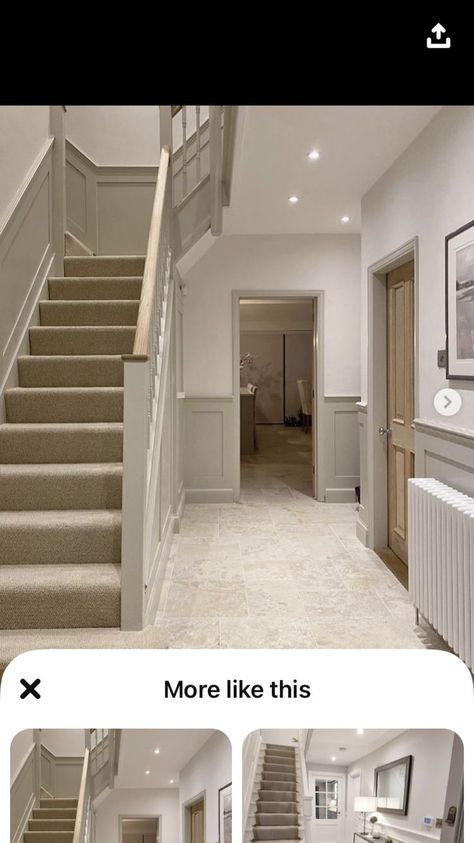 Dado Rail Hallway Panelling, Hallway Ideas With Dado Rail, Taupe Staircase, Panneling Rooms Hallway, Dado Rail Stairs, Living Room Dado Rail, Entrance Hall Flooring Ideas, Hall Stairs And Landing Panelling, Hallway Dado Rail