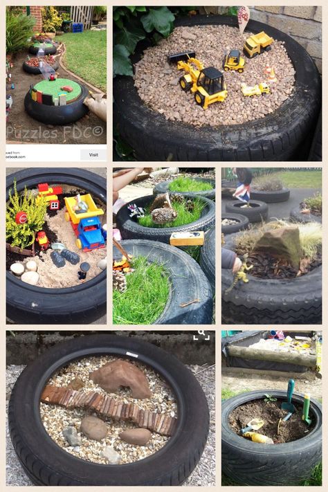 Tyres Outdoor Play, Diy Play Garden, Outdoor Small World Eyfs, Tractor Tyre Ideas Kids Outdoor Play, Tires Playground Ideas Kids, Toddler Garden Ideas, Kids Garden Play, Eyfs Outdoor Area, Diy Kids Playground