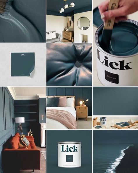 Lick on Instagram: "If you’re into moody blues, explore #Blue07 Cocoon your living room, paint it across bedroom panelling or up-cycle a piece of furniture for a bold statement. Helpful stuff to know: ℹ️ A warm, inky dark blue with green undertones. ☀️ Best used in north, east and west-facing rooms 🎨 Pair with: White 03 (warm), White 04 (cool), Beige 03, Taupe 03 Soho Roc House, Blue 01 or Yellow 02. Homes featured: @mrjohnfisher @natalie.a.smyth #LickPaint" Lick Blue 07 Paint, Warm Blue Paint Colors, Bedroom Panelling, Feature Wall Living Room, Beige Paint, Blue Paint Colors, Bedroom Panel, Moody Blues, Living Room Paint