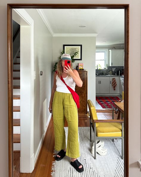 trying to take more mirror outfit pics now that I have a home for this gorgeous vintage mirror 👀 summer outfits, outfit round up, summer style, vintage styling, oversized style 90s Mom Summer Outfit, Life Style Photoshoot Ideas, Airport Outfit To Hawaii, Colorful Style Aesthetic, Emma Chamberlain Summer Outfits, Size 12 Summer Outfits, Poncho Outfit Summer, Simple Travel Outfits, Artist Style Outfit