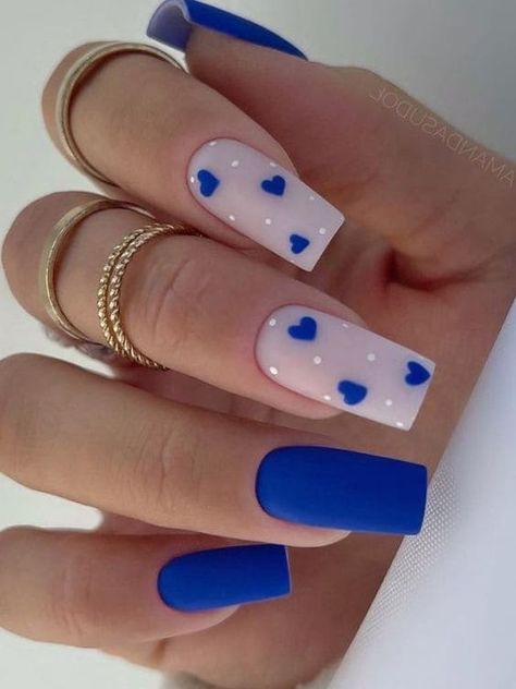 royal blue nails: hearts Nail Inspiration Birthday, Easy Nail Designs Blue, Short Square Acrylic Nails Royal Blue, Blue Heart Nails Short, Cute Simple Nails Blue, Stylish Nails Blue, Wedding Nails Design Blue, Nails 2024 Square, Nails Design Blue And White