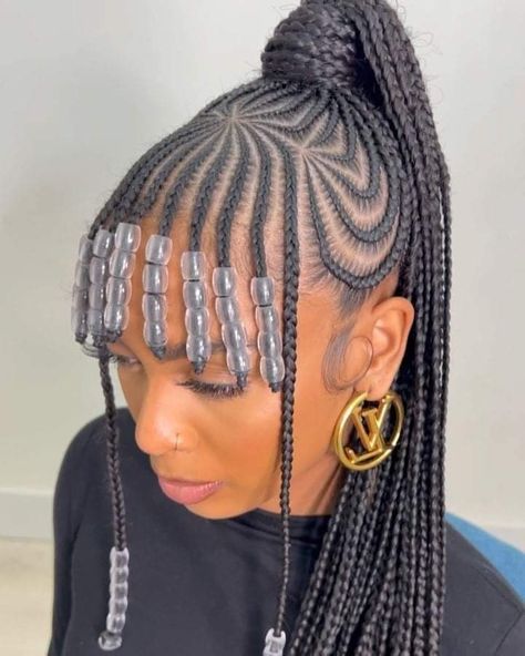 Style Beaded Bangs Hairstyle, Beaded Braids With Bangs, Cornrow With Bangs, Bangs Braided Hairstyles, Stitch Braids With Bangs, Braids With Bangs And Beads, Koroba Braids Hairstyles, Braid Bangs Hairstyles, Easy Feed In Braids Hairstyles