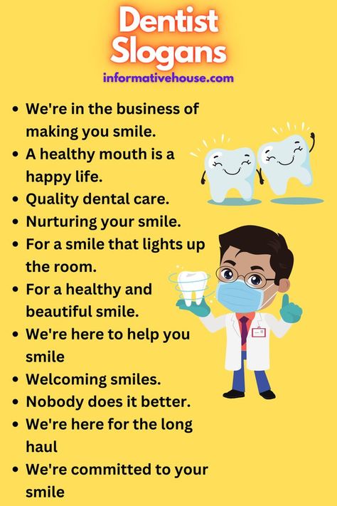 The Best Dentist Slogans For Clinics Dental Quotes Dentistry, Dentists Quotes, Dentistry Quotes, Dentist Quotes, Dentistry Office, Dental Smile, Dental Quotes, Dental Advertising, Dentist Art