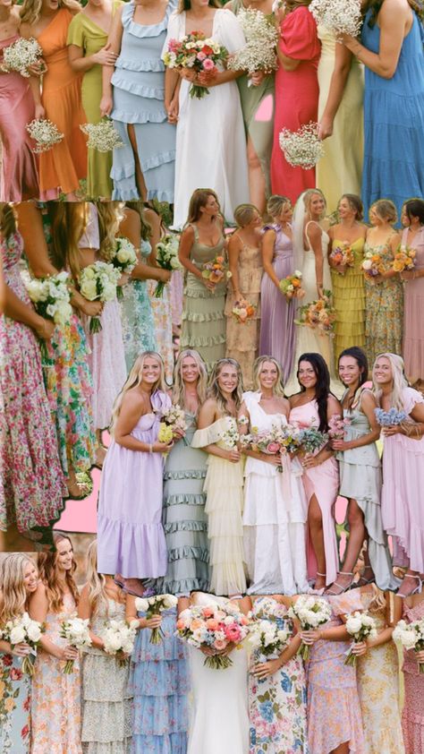 Pastel Bridesmaids, Wildflower Wedding Theme, Pastel Bridesmaid Dresses, Vintage Boho Wedding, Spring Wedding Guest, Floral Bridesmaid Dresses, Dress Code Wedding, Mismatched Bridesmaids, Dream Wedding Ideas Dresses