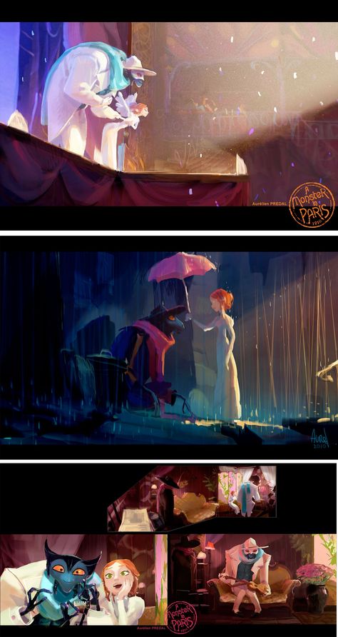 . A Monster In Paris Concept Art, Digital Art Monster, Colour Keys Animation, Monster In Paris Concept Art, Concept Art For Movies, Color Keys Concept Art, Color Script Visual Development, Film Concept Art, Key Art Illustration