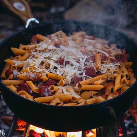 Discover the joys of Dutch Oven Baked Ziti, a hearty and versatile recipe perfect for home dinners or campfire cooking. It's comfort food at its best Campfire Recipes, Ziti Pasta, Ziti Recipes, Baked Ziti Recipe, Baked Ziti, Campfire Food, Campfire Cooking, Crushed Tomatoes, Satisfying Food