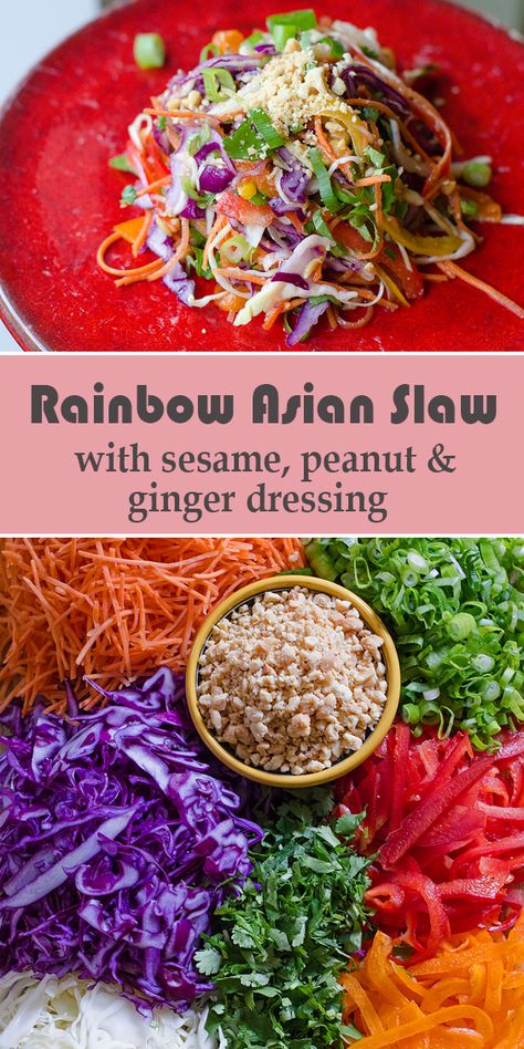 Rainbow Slaw Recipes, Asian Brunch, Asian Thanksgiving, Asian Ginger Dressing, Keto Shrimp Salad, Asian Slaw Salad, Peanut Ginger Dressing, Ginger Sesame Dressing, Sesame Slaw