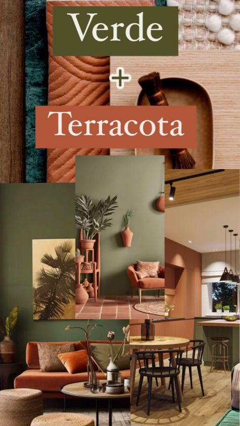 Color Pallet Terracota, Living Room Green Sofa Colour Schemes, Terra Cotta Living Room Decor, Terracotta And Green Decor, Terracota House Interior, Evergreen Fog And Terracotta, Orange Wood Bedroom, Boho Farmhouse Living Room Paint Colors, Green Terra Cotta Color Palette