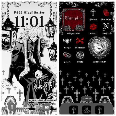 The Undertaker Black Butler Aesthetic Wallpaper, Pretty Homescreen Layout, Undertaker Black Butler Wallpaper, Phone Themes Aesthetic Ideas, Theme Iphone Aesthetic, Undertaker Aesthetic, Layouts Iphone, Dark Phone Theme, Black Butler Aesthetic