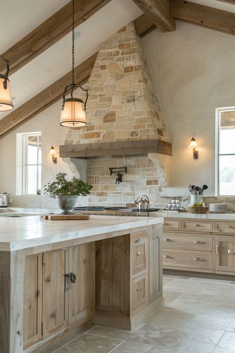 Stone Hoods In Kitchen, Small French Country Kitchen, Stone Kitchen Hood, Kitchen With Stone, French Country Lighting, Countryside Kitchen, Stone Backsplash Kitchen, Country Kitchen Designs, Stone Backsplash