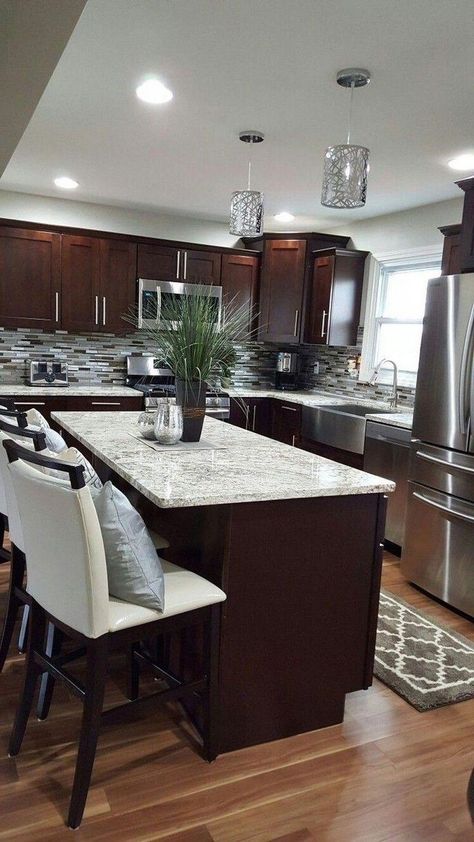 Pewter Revere, Backsplash Paint, Brown Cabinets Kitchen, Backsplash Kitchen White Cabinets, Dark Brown Cabinets Kitchen, Dark Brown Cabinets, Patterned Tile Backsplash, Dark Cabinets Light Floor, Lights Kitchen