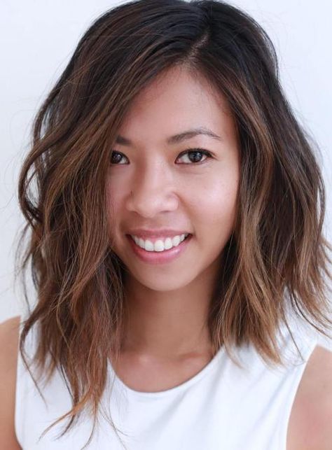 Asymmetrical Brown Balayage Lob Midlength Shag With Bangs, Assymetrical Hair, Balayage Lob, Asymmetrical Bob Haircuts, 2018 Hair, Asymmetrical Haircut, Asymmetrical Bob, Lob Hairstyle, Lob Haircut