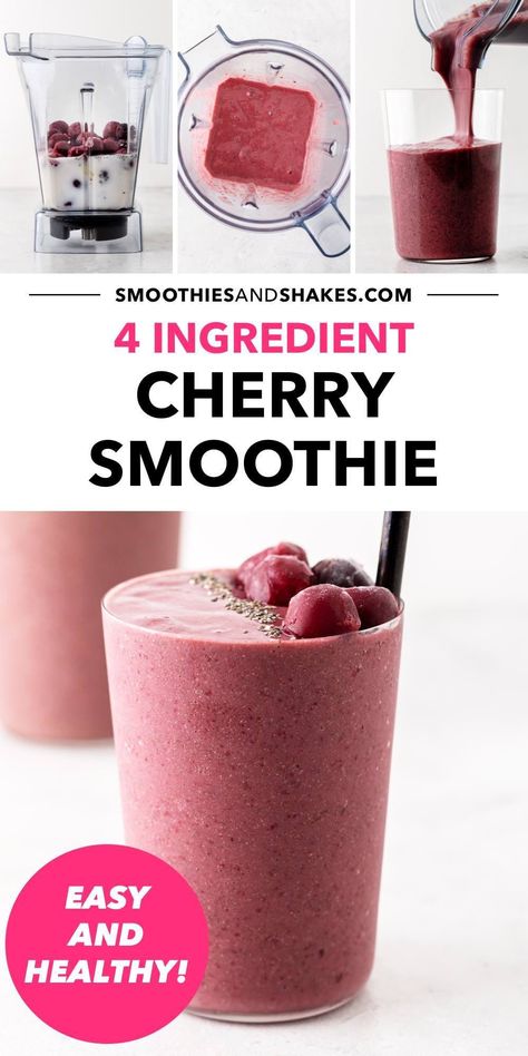 Drink this cherry smoothie whenever you’re craving a cold and sweet treat. It takes just 5 minutes to make this 4-ingredient smoothie at home in a blender. #cherrysmoothie #berrysmoothies #smoothierecipes #vegansmoothies Cherry Smoothie Recipes Healthy, Tart Cherry Smoothie, Simple Smoothies, Smoothie At Home, Cherry Smoothie Recipes, Drink At Home, Cherry Smoothie, Bing Cherries, Frozen Cherries