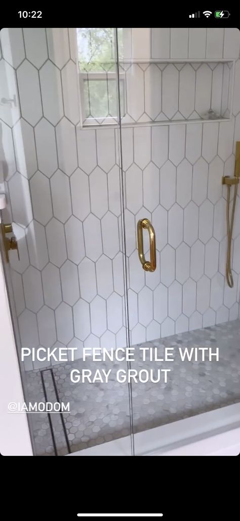 Shower With Picket Tile, Picket Tiles Bathroom, Picket Fence Tile Bathroom, Accent Shower Tile, Picket Tile Bathroom, Picket Tile, Gray Shower Tile, Backyard View, Subway Tile Showers