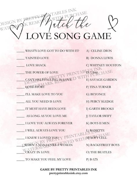 Guess The Love Song Bridal Shower Game, Disney Love Songs Bridal Shower Game, Galentines Picnic, Name That Tune Game, Bridal Advice, Blush Bridal Showers, Name That Tune, Game Name, Pretty Printables