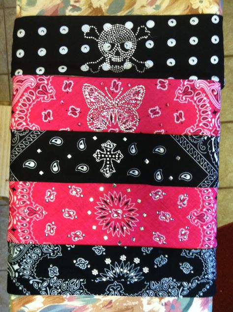 Some of my projects that I can't make fast enough for others :) More samples to come. Biker Headbands, Bling Bandanas, Hair Bandanas, Rhinestone Ideas, Biker Bandanas, Bandanas Diy, 00s Style, Harley Davidson Accessories, Bike Ideas