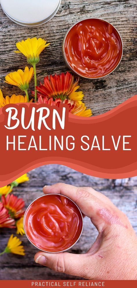 Learn how to make burn healing salve with this easy recipe using plantain, St. John’s Wort, and calendula. This natural herbal salve promotes healing, reduces inflammation, and soothes burns quickly. A must-have for your natural medicine cabinet. Find more burn relief home remedies, skin cream recipes, natural herbs, and Homemade Skin Care at practicalselfreliance.com. Making Herbal Salves, Burn Salve Diy, Diy Salves And Balms Recipes, Herbal Remedies Aesthetic, Mullen Salve, Cbd Salve Recipe, Homemade Amoxicillin, Homemade Salves And Balms, Natural Antibiotic Recipe