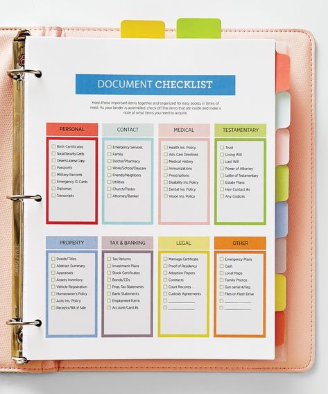 Household Docs Document Binder Organization, Organize Important Documents Binder, How To Organize Important Documents, Home Document Organization, Life Binder Organization, Important Documents Organization, Document Binder, Document Checklist, Personal Binder