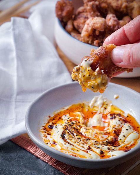 Chicken karaage Chicken Karaage, Shichimi Togarashi, Chili Dip, Japanese Chicken, Potato Flour, Bao Buns, Chili Oil, Chili Flakes, Rice Bowl