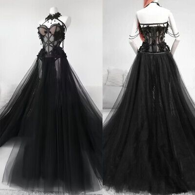 Gothic Black Long Wedding Dress Sexy Halter Neck Sexy Lace Appliques Bridal Gown  | eBay Morticia Style Wedding Dress, Gothic Dress Elegant Long, Black Gothic Dresses, Goth Bride Dress, Viking Style Wedding Dress, Emo Wedding Ideas, Gothic Dresses Victorian, Victorian Gothic Wedding Decorations, Vintage Gothic Wedding Dress