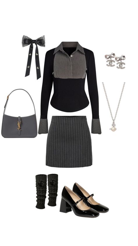 Y2K,officesiren,ootd,cute outfit inspo,gray,black,bow,classy,silver,earrings,necklace,skirt,long sleeve,top,leg warmers,heels,ysl,hand bag,luxury,mini skirt,button up 2000’s Outfits, Siren Outfit, Y2k Office, Black Y2k, Office Outfit, Different Outfits, Cute Outfit, Office Outfits, Retro Outfits