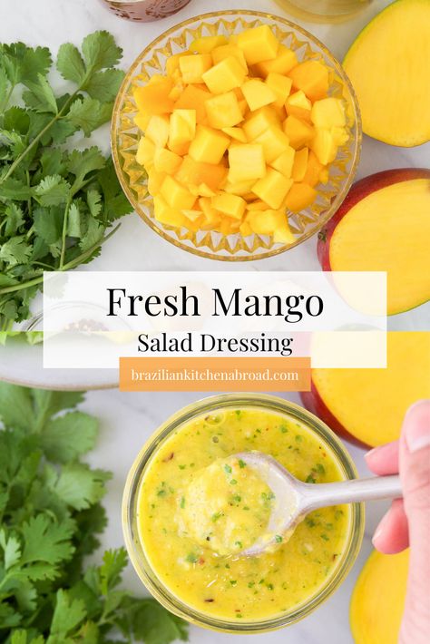 Homemade Mango Salad Dressing is sweet with a little kick of spice. Made with eight ingredients, this mango dressing recipe is a fantastic way to transform any veggie bowl or salad into a juicy tropical meal. Mango Dressing Recipe, Mango Salad Dressing Recipe, Raw Mango Salad, Spicy Mango Dressing, Mango Vinaigrette Dressing, Mango Jicama Slaw Recipe, Low Fat Salad Dressing, Mango Salad Dressing, Mango Dressing