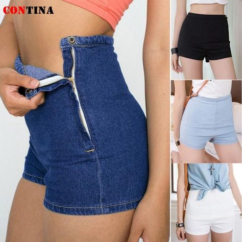 Women Jeans Shorts High Waist Denim Short Pants Side Ziper Tight 2015 Summer New Casual Short Trousers 3 Colors-in Shorts from Women's Clothing & Accessories on Aliexpress.com | Alibaba Group Tap Shorts, Jeans Models, Trendy Swimwear, Zooey Deschanel, Hot Shorts, High Waisted Jean Shorts, Waist Jeans, High Waisted Shorts Denim, Short En Jean