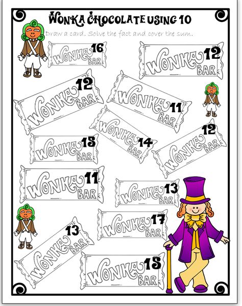 Mrs. B's Freebies: Willy Wonka Chocolate Math Draw and Cover Using 10 Addition Game 1.OA.6 2.OA.2 Math Draw, Charlie And The Chocolate Factory Crafts, Willy Wonka Chocolate, Math Drawing, Willie Wonka, Charlie Chocolate Factory, Daily 5 Math, Wonka Chocolate, English Activities For Kids