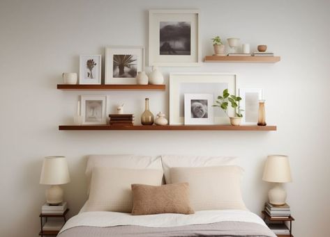 Floating Shelves Above Bed, Shelving Above Bed, Wall Ideas For Bedroom, Shelf Over Bed, Above Bed Ideas, Picture Wall Ideas, Minimalist Shelf, Shelf Above Bed, Floating Shelves Bedroom