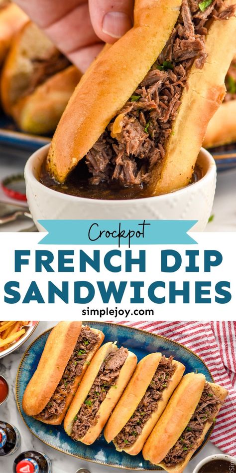 This French Dip Sandwich is amazing! It comes together with simple ingredients in the crockpot and is perfect for a busy weeknight dinner. French Onion Sandwich Roast Beef, Baked French Dip Sandwich, French Dipped Sandwiches, Crockpot Sandwich Recipes, Crockpot French Dip Sandwiches, Easy French Dip Sandwiches, Crockpot French Dip, Quick Pizza Sauce, French Dip Sandwich Crockpot