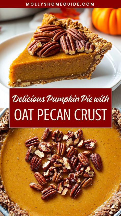 Indulge in the delightful flavors of fall with this mouthwatering pumpkin pie with oat pecan crust recipe. The creamy, spiced pumpkin filling pairs perfectly with the crunchy, nutty crust, creating a dessert that is sure to impress at your next gathering. Whether you're hosting a holiday feast or simply craving a cozy treat, this homemade pie is the perfect way to celebrate autumn. Treat yourself to a slice and savor the warmth of the season in every delicious bite. Pecan Crust Recipe, Spiced Pumpkin Pie, Pecan Crust, Pumpkin Filling, Crumble Tart, Hey There Pumpkin, Best Pumpkin Pie, Homemade Pumpkin Pie, Holiday Dishes