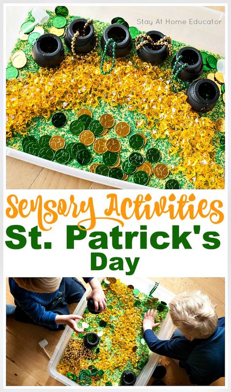 Elementary Sensory Bins, Editable Sensory Bin, Spring Sensory Bins For Preschool, St Patricks Day Sensory Play, Mardi Gras Sensory Bin, March Dramatic Play Preschool, March Lesson Plans For Preschool, Sensory Bin For Preschoolers, March Lesson Plans